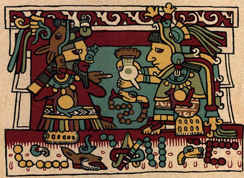 Lord Eight Deer is offered a frothy chocolate beverage by his wife, Twelve Serpent. Detail from Codex Nutall, facsimile of a pre-Colombian Mixtec codex. Facsimile 1902, Harvard University. Benson Latin American Collection.