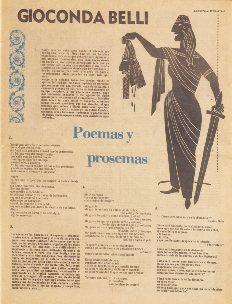 A slightly yellowed newspaper page says Gioconda Belli across the top. On the righthand side, a cartoonish figure of a smiling Greek goddess holds a long sharp sword in one hand and the bloodied severed head of a man with a long beard in the other. In the center, the words Poemas y Prosemas in blue. There are poems printed on the page.