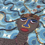 This elaborate quilt piece is all made of fabric with a few beads. The head, shoulders, and chest of a woman are dark brown, adorned with various color, including a necklace. The features of her face are sewn on and include red mouth, blue and yellow nose, multicolored eyes. Her hair spreads out in tentacle-like strands of of other multicolored fabric. The background is various shades of blue, with white and gold, resembling a shimmering sea.