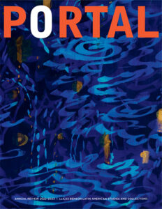Magazine cover. The title "Portal" is written in bold capital letters, all of them bright orange except the "o", which is white. The artwork on the cover is a painting with a mixture of deep blues and more vibrant, lighter blues that swirl, evoking water. There are some brush strokes that look like drops of water falling, and occasional golden strokes as well.