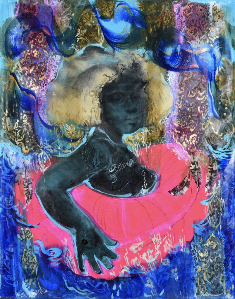 Multicolored festive background in blues, pinks, gold. In the foreground, a Black girl in has a bright pink flotation device around her torso. Her hair is golden and one arm is holding the lifesaver.