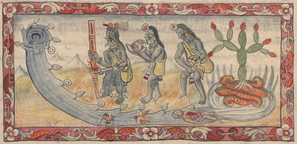 A colorful rectangular drawing and painting has a red border with white flowers and other ornamental flourishes in white, dark red, and orange. Inside the frame, three men in profile, whose skin is gray and hair is blackish, stand in a line. The first man wears a more ornate headdress than the other two and a patterned skirt that goes down to his ankles. Shells hang off the bottom of the skirt and his feet are bare. The other two men have a simple ornament atop their foreheads and loincloths. Al three have yellow and red painting on their faces and are carrying pale-yellow bags slung over one shoulder. The first man carries a pan with flames coming out of it and a large staff. The second one holds a large conch shell to his lips. The third one holds a bird whose neck he appears to be in the process of breaking. Below the men is a stream of water, depicted in blue-gray with shells and ripples. In the water a gruesome sight: the severed head and body of a bird, both bloody, and the body of what appears to be a child whose chest is covered with blood. Behind the third man, a green prickly pear cactus blooms with red fruit, growing atop what resembles a red coiled snake. In front of the first man, the stream of water rears up to the height of the men. The ground they stand on is yellow-beige and dry-looking. In the distant background the outlines of mountains are painted in faint gray.