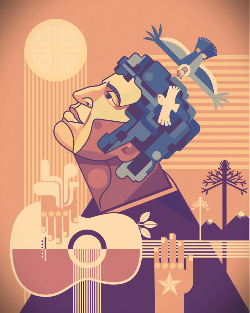 Artist's rendering of the slain Chilean singer, songwriter, and activist Víctor Jara shows a man in profile looking upward. Birds fly around his head. A hand reaching from below appears on the strings of a guitar; a hand from above touches the body of the guitar. The painting is done in golden orange, purple, and blues. Both the pale yellow sun and the sound hole of the guitar have lines streaming downward from them, evoking tears.