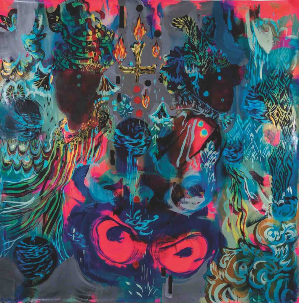 Richly colored abstract painting containing shapes that invoke water