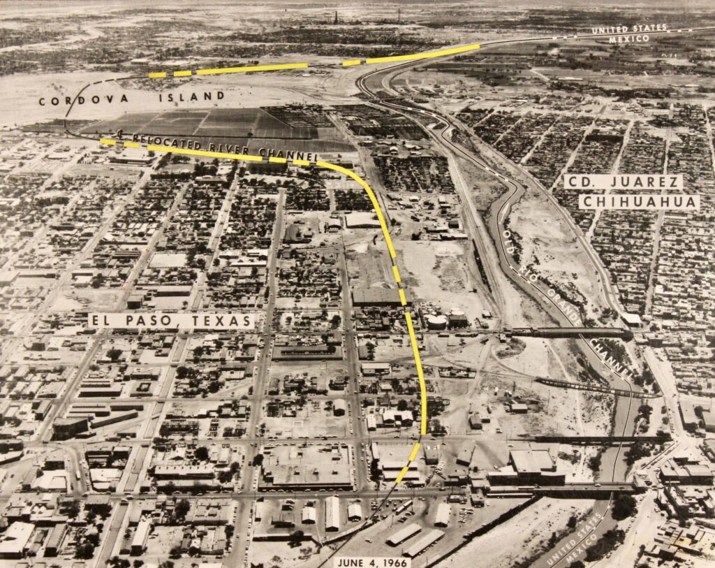 Sepia-tone aerial photo of El Paso, Texas, on the left, and Ciudad Juárez, Chihuahua, on the right. Streets and houses, trees and roads are all visible. A yellow line is labeled Relocated River Channel. Another line says Old Rio Grande Channel. The U.S.–Mexico border is labeled in two parts of the image, which bears the date June 4, 1966.