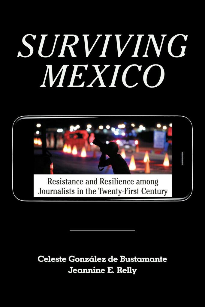 Black book cover with a color photo of a person in silhouette taking a photo with a large lens, at night with flairs, orange safety cones, and lights in the background.