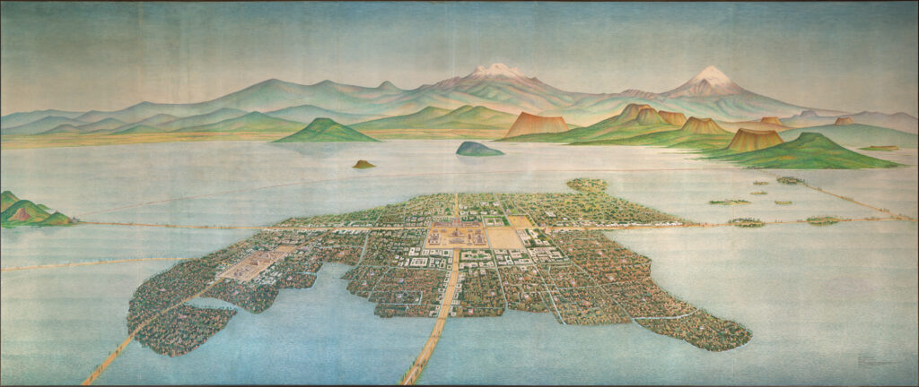 A rectangular painting of 16th-century Tenochtitlan, or present-day Mexico City. The sky and water are both blue. In the background, mountains are greenish and pink, with two snowy peaks. Closer to the viewer, hills and other raised areas are vibrant green or earthy red-brown. In the foreground there is a colorful island city, with a large main square visible. A pyramid appears to be in the middle. There are a few beige roads that cross the city and enter it from various directions, some beyond the frame.