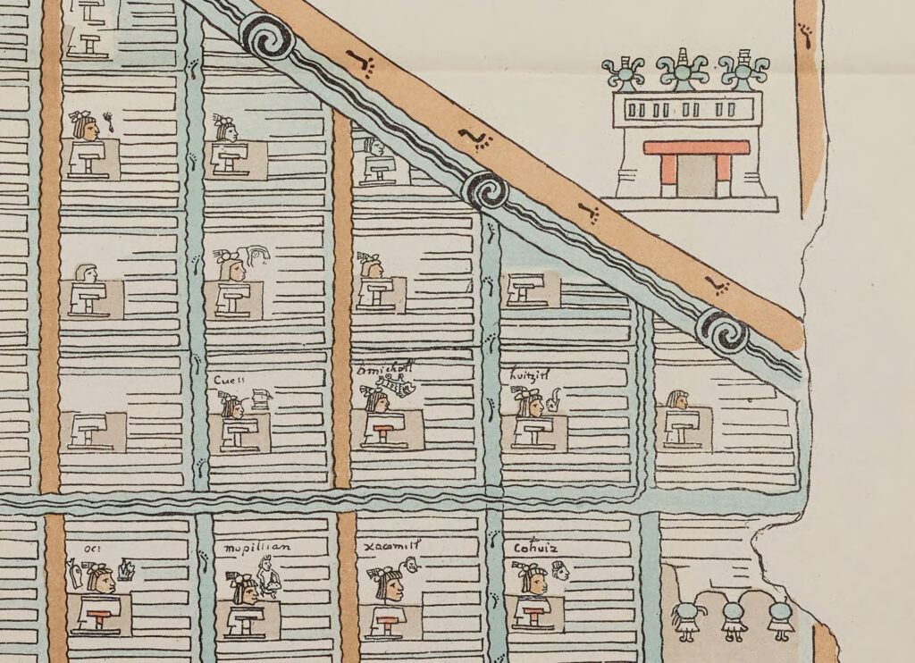 A rectangular image of a hand-drawn map on a beige background. It shows a stone structure in the upper right with an orange doorway and three pale-green abstract sculptures along the top. A light-brown path can be seen in several places with black human footprints drawn onto it. The majority of the illustration shows a series of figures in profile with hair below the ears, heads with the suggestion of a body. Most wear head dresses of various kinds. Some have names written above them in Roman letters, although they are Nahuatl names. Each person is inside a section of the map bordered by pale green with horizontal lines inside it.