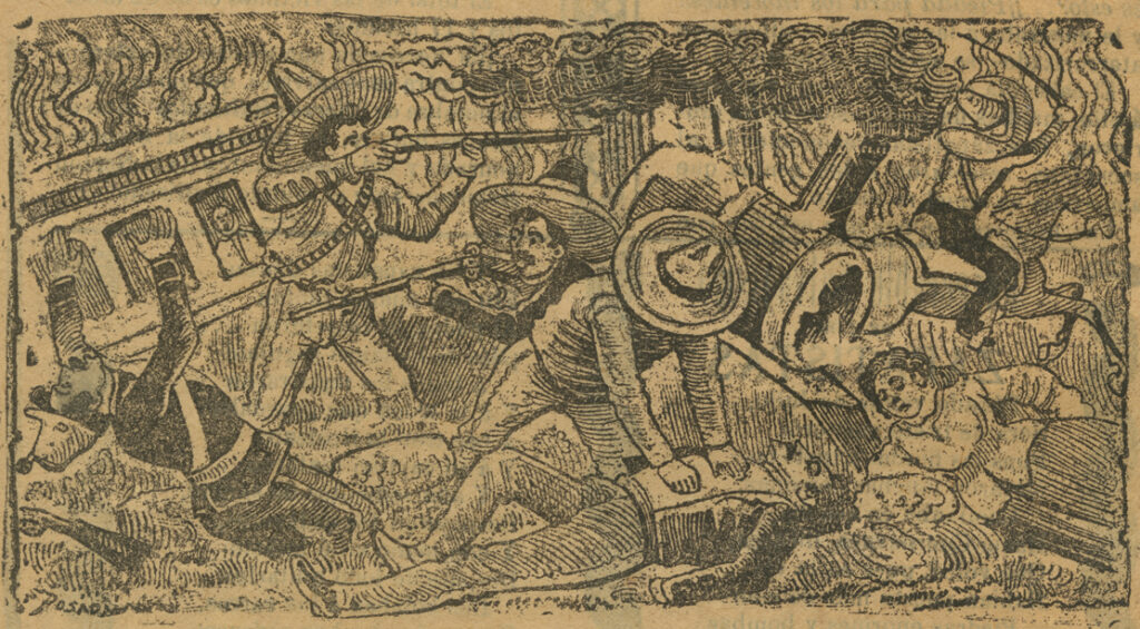 Etching in black on yellowed paper shows a chaotic scene of people in sombreros shooting rifles at civilians, or attacking them. One person rides away on horseback brandishing a sword. Broken train cars and engine are visible.