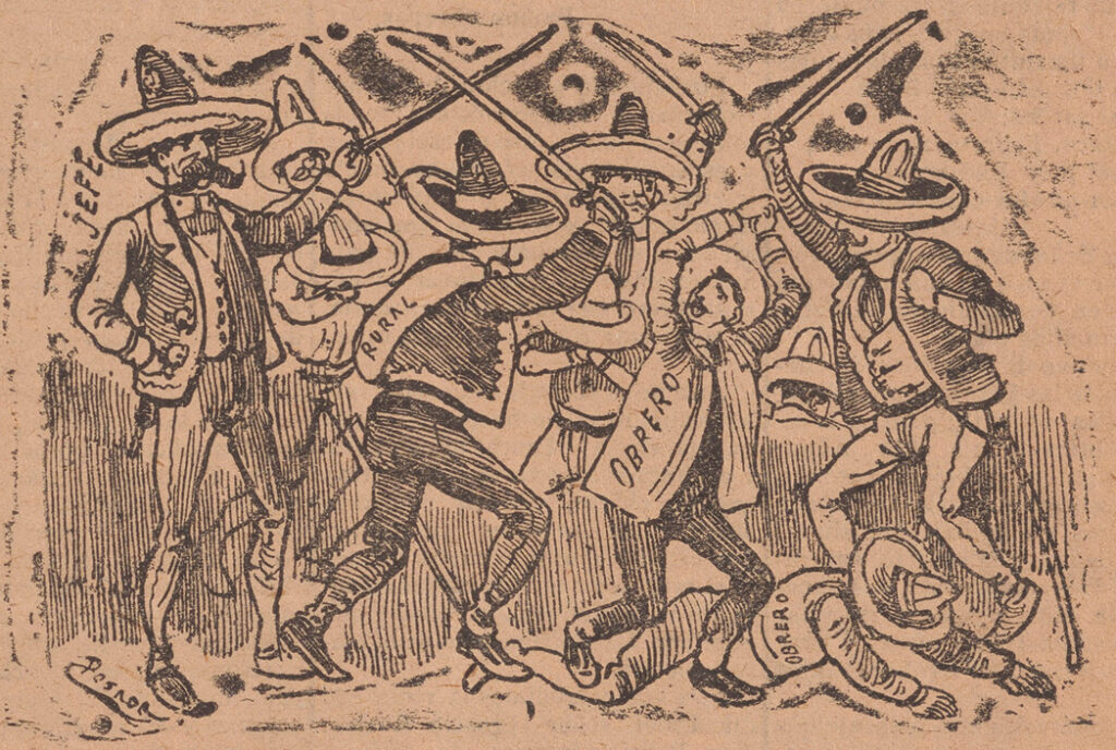 Etching in black on pinkish paper shows fancily dressed men in sombreros with swords attacking workers.
