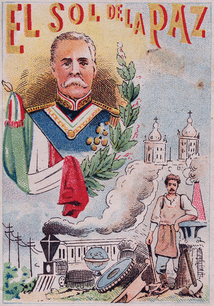 Colorful book cover with picturing a portrait of a man with a large mustache in military uniform, the Mexican flag draped to one side. Church steeples and a train are in the background. Below him is a tired-looking laborer with tools who leans on an anvil.