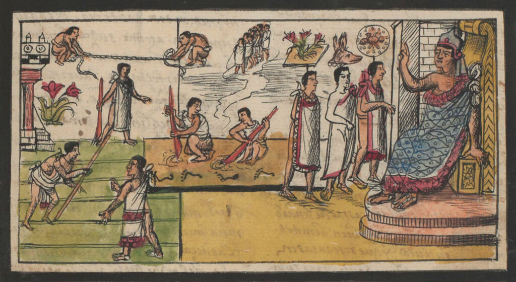 A hand-drawn and hand-painted color rectangular image shows, at left, a man on a golden throne, atop a platform of stone with two stairs, wearing a regal headdress and ornate robe draped across one shoulder like a toga. His skin is brown and his feet are in sandals. His right hand is raised, index finger pointing upward, as if commanding. Three smaller men stand before him, in plain togas. Above the head of each one is an object: an insect-like creature inside a circle for the one closest to the ruler, the head of a wolf or coyote for the middle man in the line, three red flowers on a beige square for the third one. In the middle and left, various men/people can be seen laboring: measuring something with a rope, with long red implements marking the ground, on a green portion with a pole. In the background there is a cluster of people in white standing in what looks like a stream of water. At the far left, one can see the edge of a castle and in front of it, two red flowers with green leaves and stems.