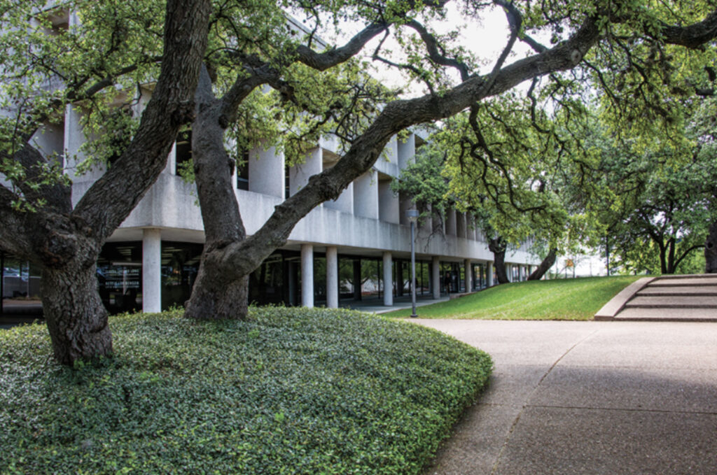 Live oak trees rise out of a green area in front of, and alongside, a long white three-story building with columns.
