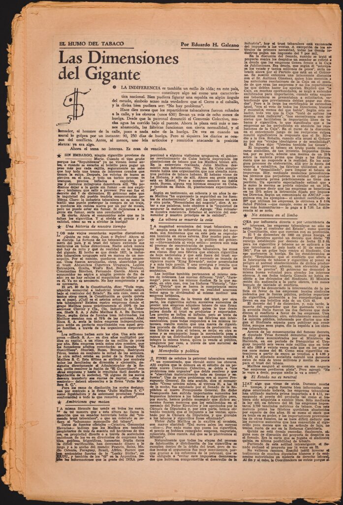 A frayed and discolored newspaper open to a page displaying an article. A small illustration in the top left is a drawing of a lit cigarette whose smoke rises in an S-shaped curve, crossed by two vertical lines, making a dollar sign.