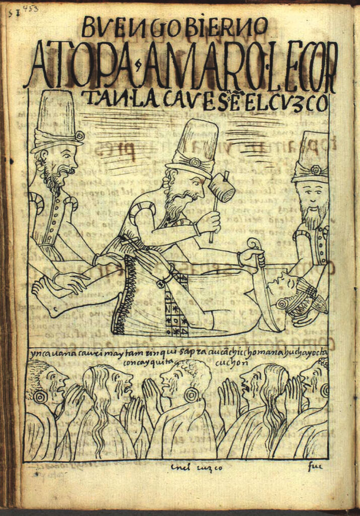A yellowed page shows two scenes drawn in black ink. The top scene, which takes up most of the page, shows three men in tall hats and colonial Spanish garb holding a man in Indigenous clothing prostrate on a table. A word is held to his throat by the man in the middle, who also wields a hammer-like object. The man on the left holds the victim's legs while the man on the right holds his head. The bottom portion of the illustration shows five Indigenous people in robes, some with earrings, who are making pleading gestures with their hands, their faces distraught and streaming with tears. The writing across the top is colonial Spanish. There is also smaller writing above the second part of the drawing.