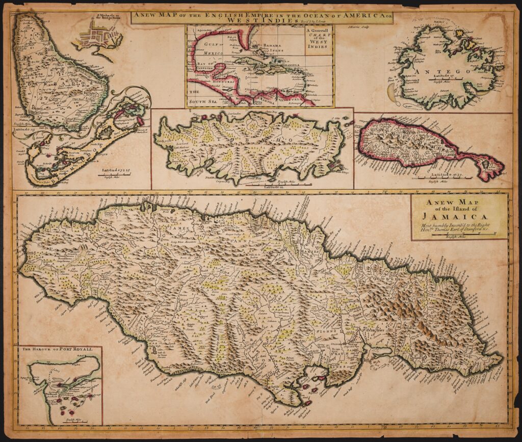 A series of maps drawn and typeset in 1721 showing the British Antilles. Each one is outlined in a color and extensively labeled, with topography shown. Jamaica is the largest.