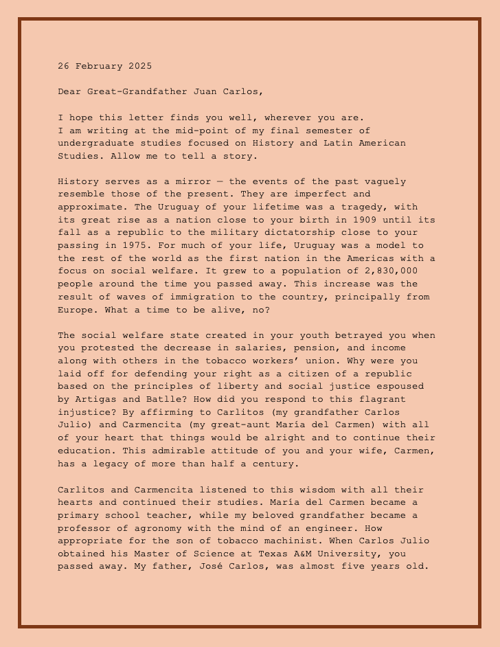 Opening page of a letter to a great-grandfather on peach-colored background typed in the Courier typeface.