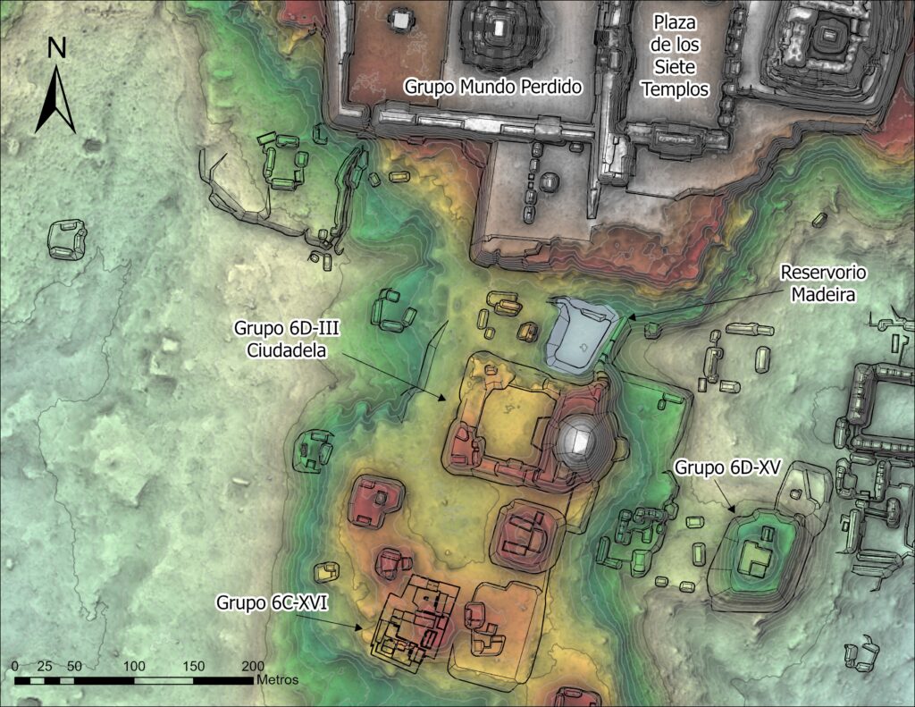 An aerial view generated by light detection and ranging technology, aka LiDAR, shows a section of Tikal considered to be a Teotihuacan neighborhood. The landscape has different sades of green, yellow, and orange-ish brown. Structures are outlined in black to help identify them, and several important structures are labeled.