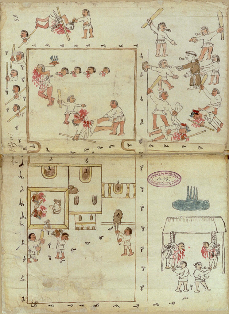 A two-page illustration on old yellowing paper shows several violent scenes in which people are being beaten, bloodied, and otherwise mistreated. In one case, a priest can be seen gesturing at some of the attackers. Many figures hold large bludgeons. Red blood spurts out in the scenes. Throughout the illustration, small black footprints are visible.