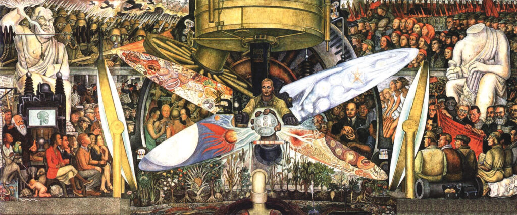 A rectangular mural painting by Mexican artist Diego Rivera. In the center, a weary-looking man, his head, shoulders, and arms visible, appears to operate some control lever. Four large wing-like shapes emanate from him. Above the central figure, the bottom of some sort of metallic cylinder is visible, and on each side of him, giant lenses in brass-colored frames face him. In front of him, a large fist brandishes a light-colored ball. Many groups of people are visible on either side of the central figure (soldiers in gas masks, workers, people who appear to be watching a performance, a naked baby on all fours). To the right, Vladimir Lenin is visible among a small group of people.