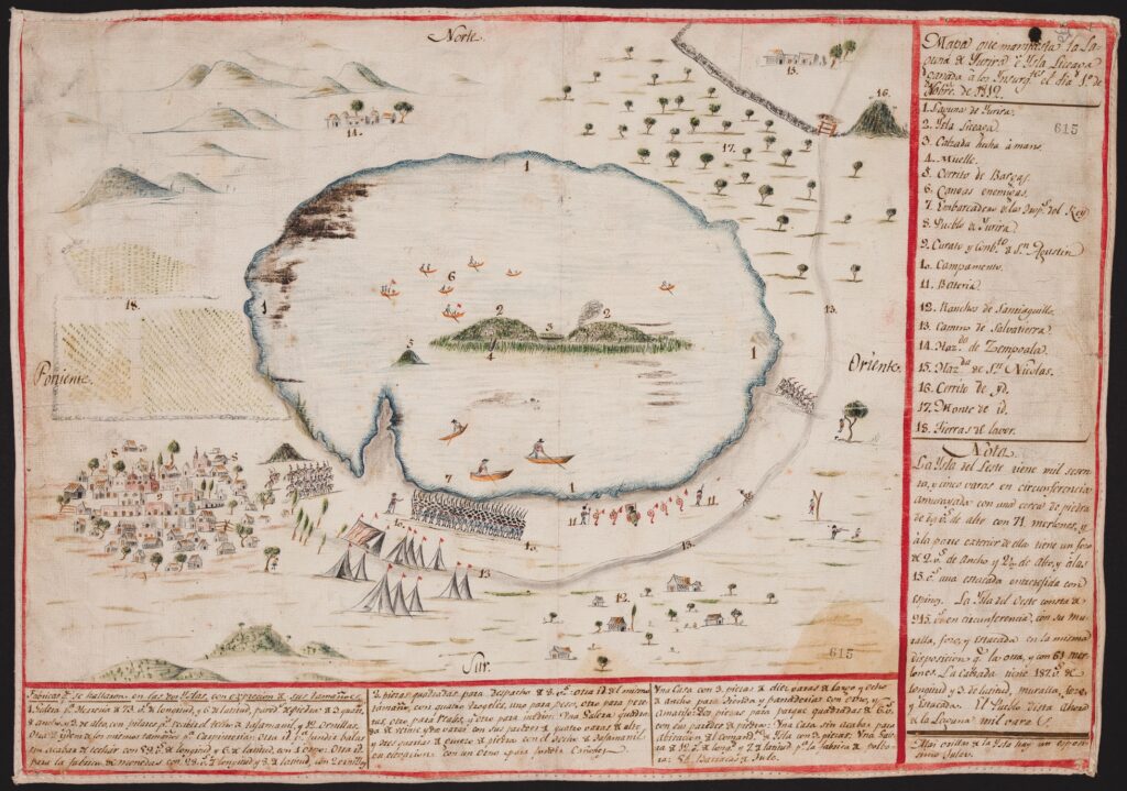 A large map drawn or painted in an assortment of colors shows people, landscapes, a town, people in boats, and in the center, a large body of water with an island in the middle. On the bottom border and righthand border are many notations in elegant handwriting describing what is visible on the map.