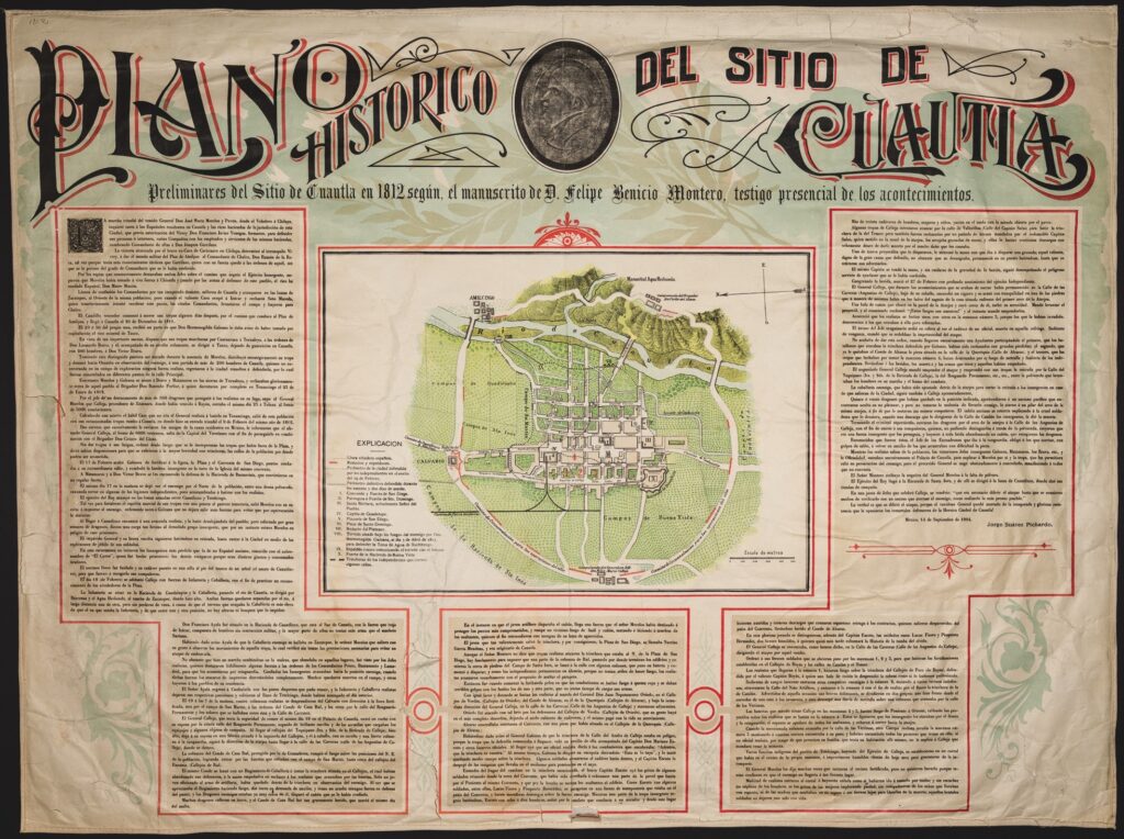 A document from the early 1900s bears a headline in large, fancy, and artistic black script with deep red shadows and black flourishes. Portions of the document, in small print, are outlined in red. In the center is a map of a town with lots of green coloring, the map key to the left.