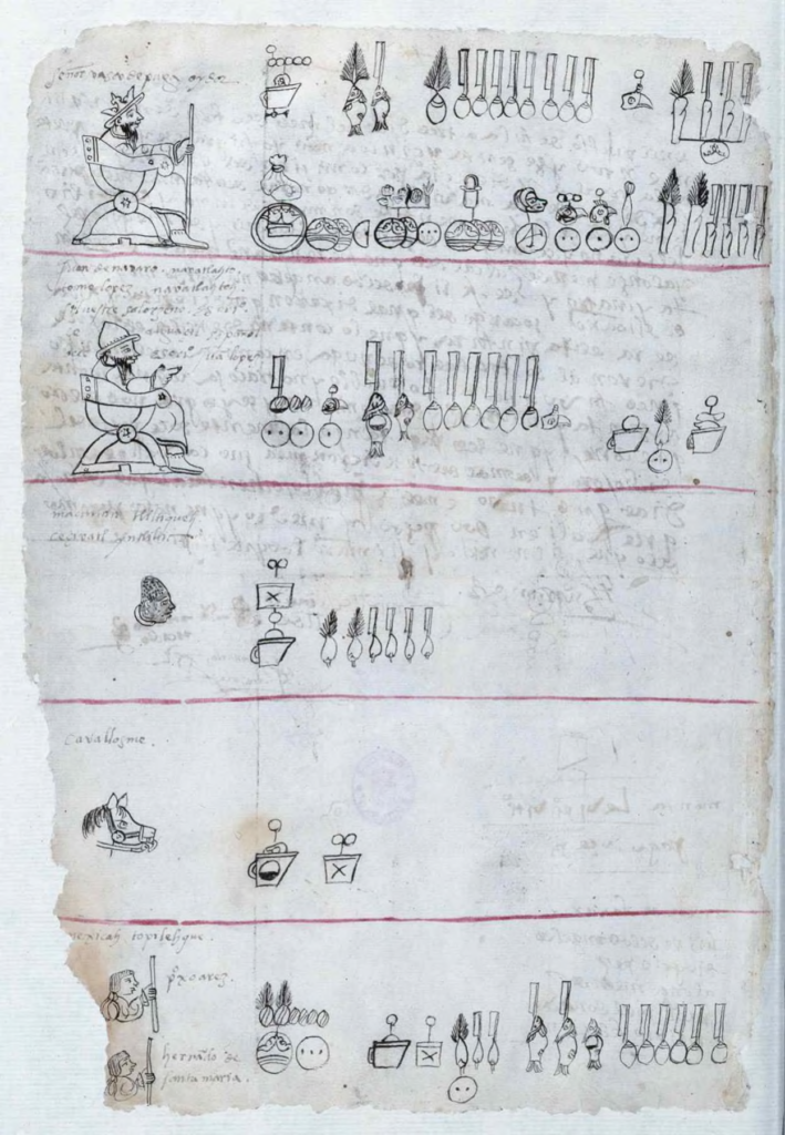 A thin white paper fragment, yellowed with age around the edges, has illustrations drawn in black ink. There are five levels of illustrations displayed horizontally on the page, and each level is divided from the others by a red line across the page. On the left side of the first two levels, a person resembling a king or lord sits in a chair. In front of him are drawings of numerous objects. The next three levels show the head of a dark-skinned man with fewer objects; the head of a horse with two objects; and the heads and shoulders of two men (warriors?) with numerous objects.