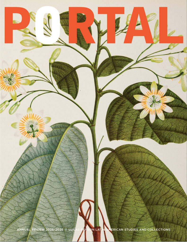 Magazine cover shows hand-drawn and -painted illustration of a passionflower plant with large green leaves emerging from a central green stalk, and thinner stems with white-and-orange flowers, as well as whitish green buds. The magazine title, Portal, is written in all capital letters across the top (all bright orange except the O, which is white).
