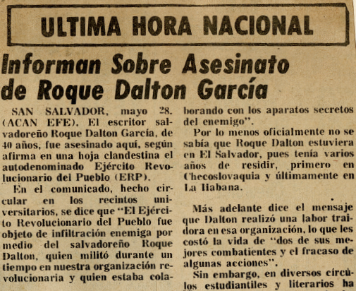 A yellowed newspaper clipping in Spanish announces the assassination of Roque Dalton García.