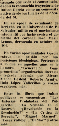 A yellowed newspaper clipping in Spanish announces the assassination of Roque Dalton García.