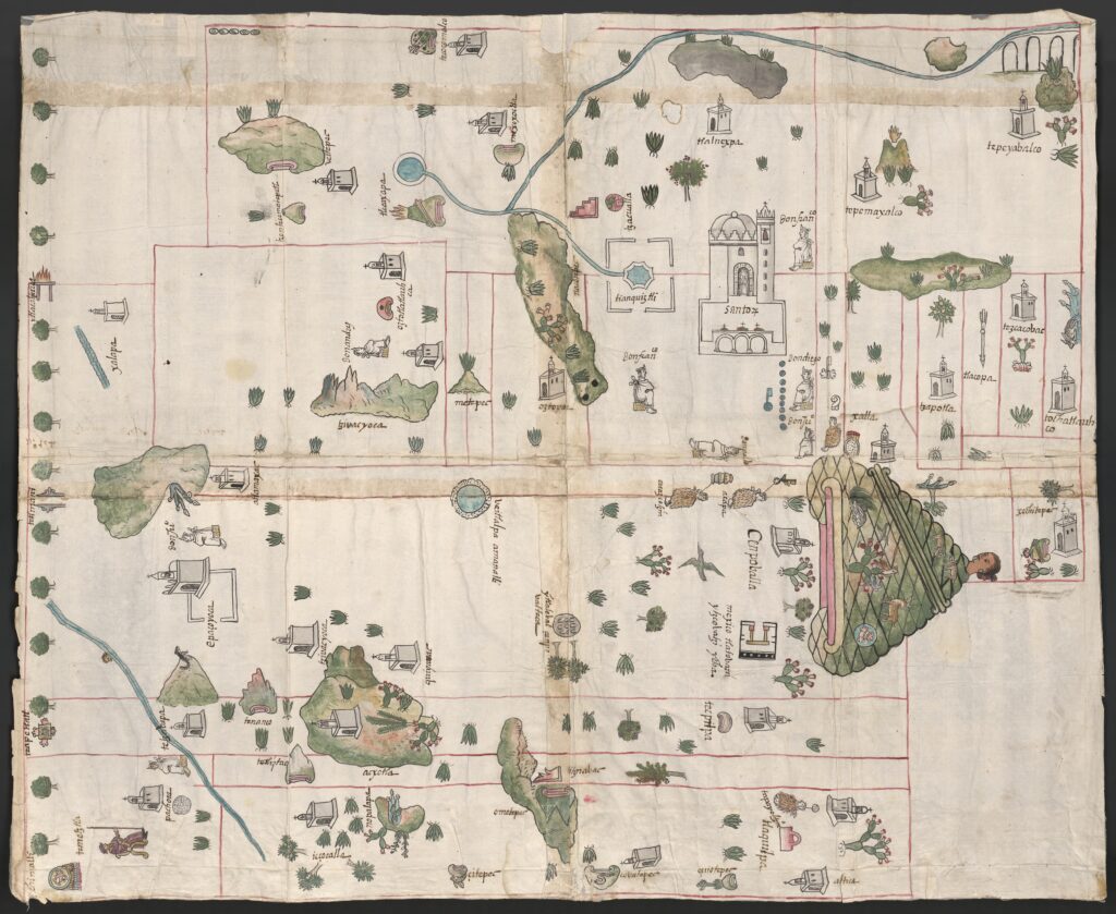A large, almost square piece of old parchment is illustrated with many figures of different sizes, as well as lines and written words in certain locations. The predominant colors are green, light brown, and a little red and blue. Churches and Spanish-style buildings are drawn in black ink, each with a label written neatly in Nahuatl. On the right-hand side, the largest figure is a green triangular figure with a woman's head at the top. The figure is superimposed with drawings of a cactus, a brown deer, and a few other figures.