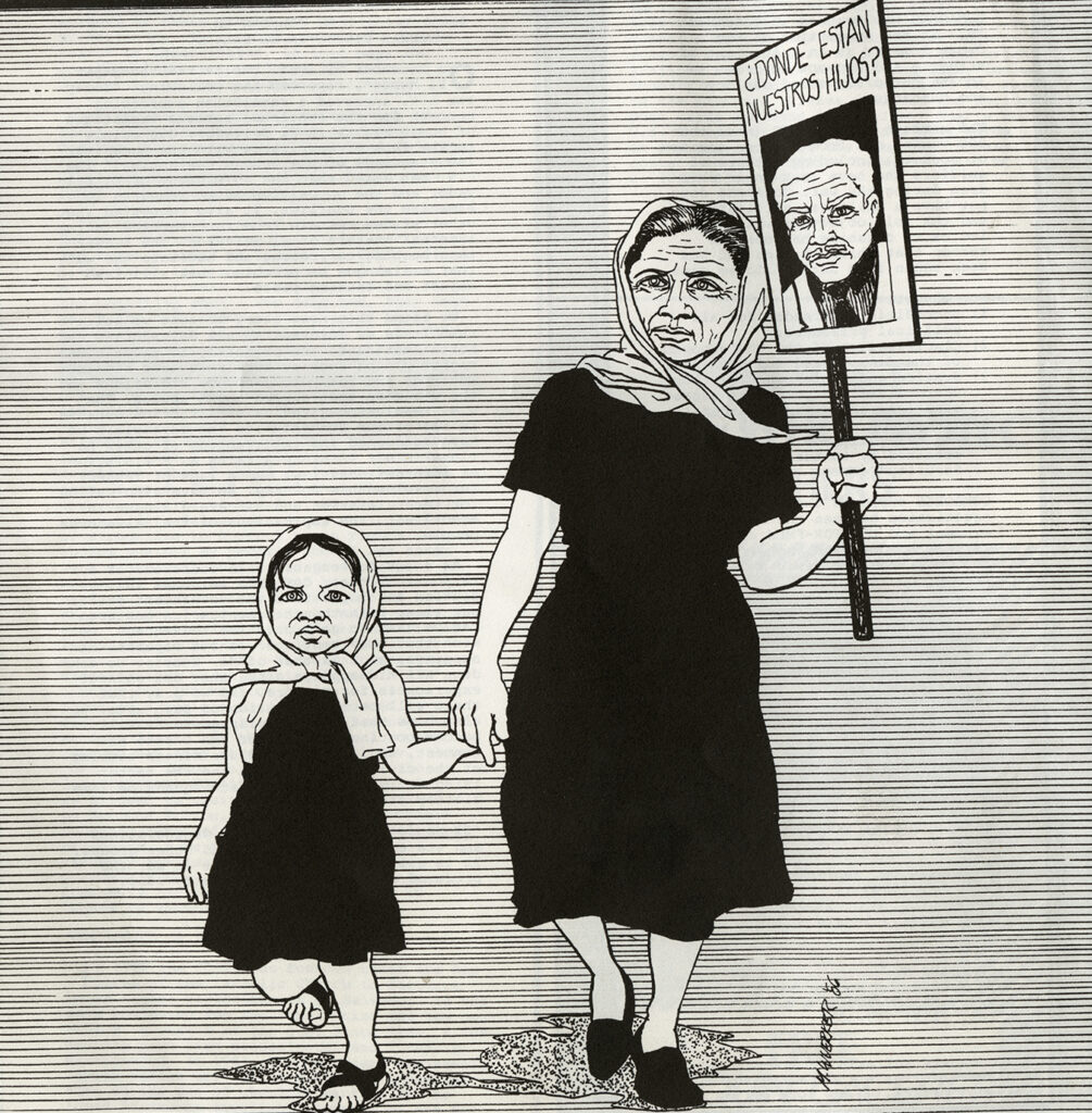 Cover for COMADRES newsletter showing woman and child protesting