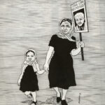 Cover for COMADRES newsletter showing woman and child protesting