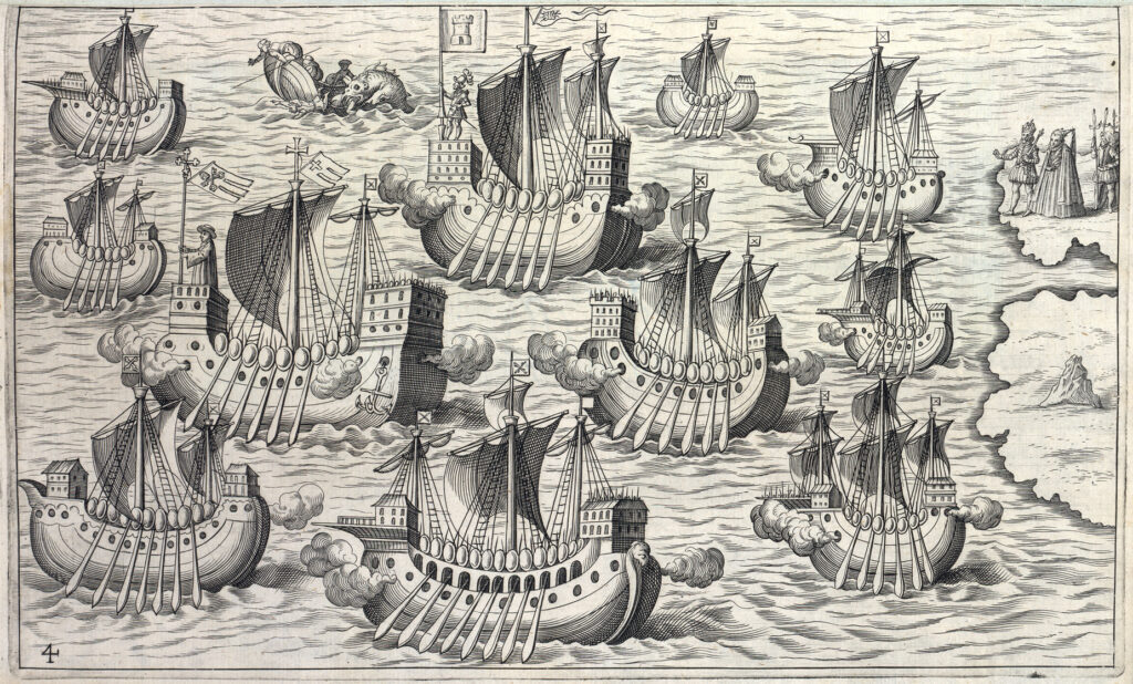 Engraving of Spanish fleet crossing the Atlantic Ocean