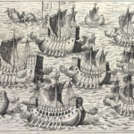 Engraving of Spanish fleet crossing the Atlantic Ocean