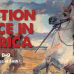 Painting of a man in a sombrero on horseback in battle, confronting an enemy. Red lettering reads "The Evolution of Violence in Latin America."