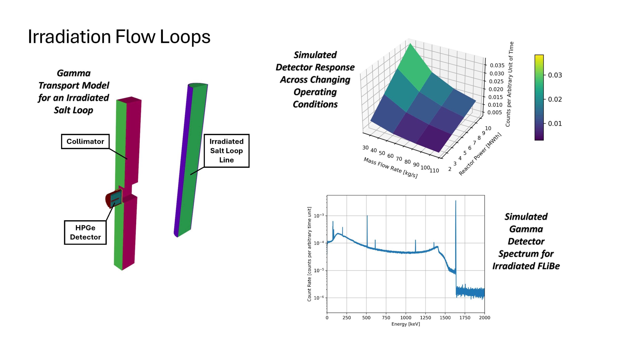 Composite figure titled ‘Irradiation Flow Loops.’ Left: a simplified diagram of a gamma transport model showing an irradiated salt loop line, a collimator, and an HPGe detector positioned beside the loop. Top right: a 3D surface plot of simulated detector count rate versus mass flow rate and reactor power, with counts increasing at lower flow rates and higher power. Bottom right: a simulated gamma detector energy spectrum for irradiated FLiBe, showing count rate versus energy with several distinct peaks.