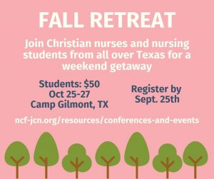 Fall retreat in Gilmont, TX Oct 25-27. Register by september 25th on ncf-jcn.org.