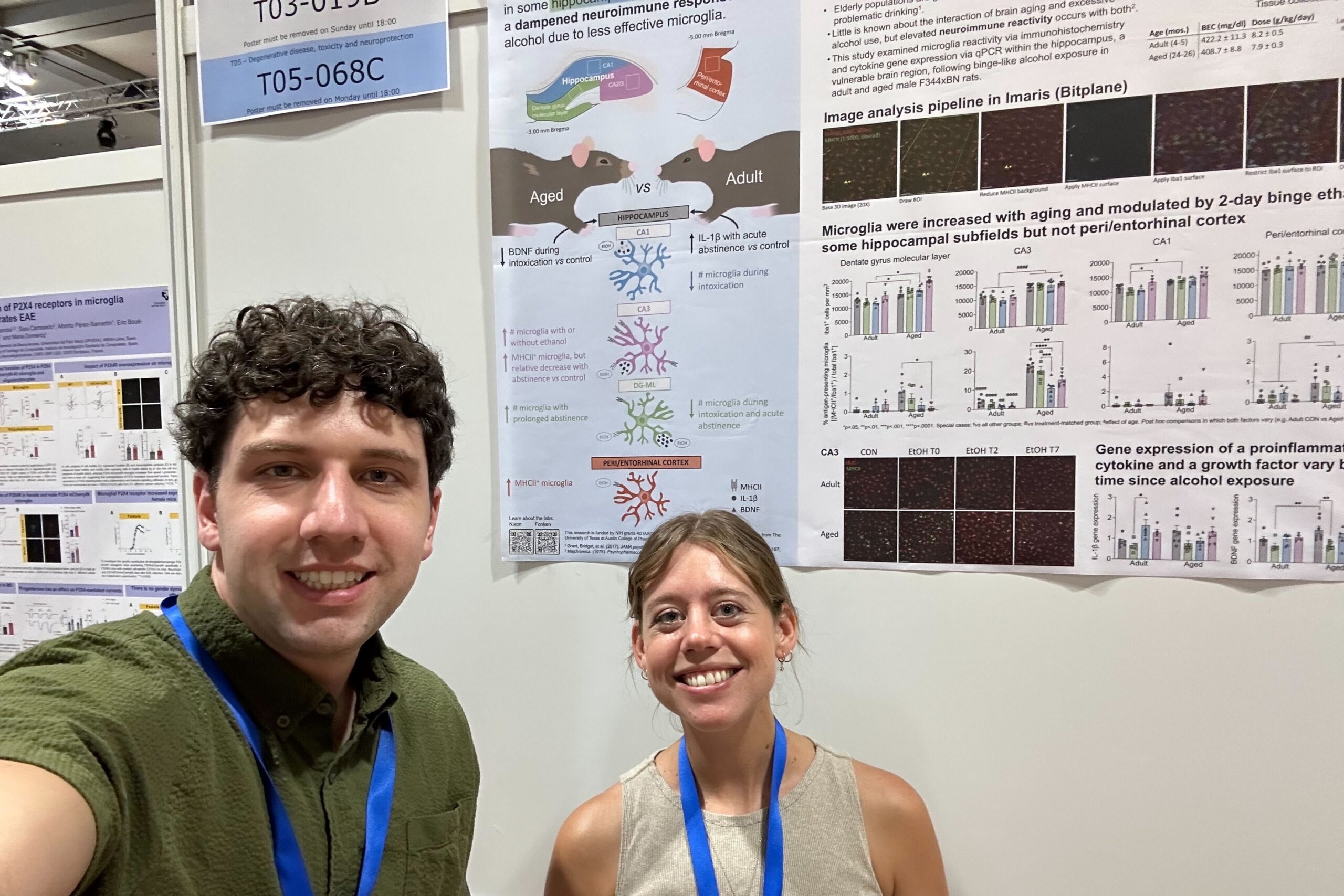 Two lab members standing in front of research posters.