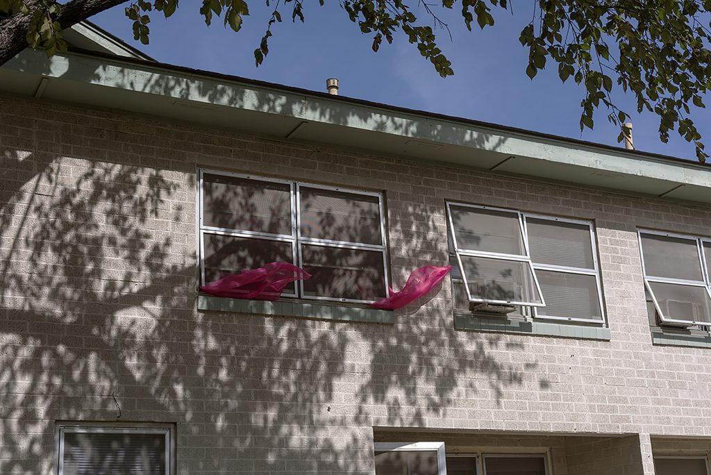 pink fabric blowing in wind outside of windows in building 