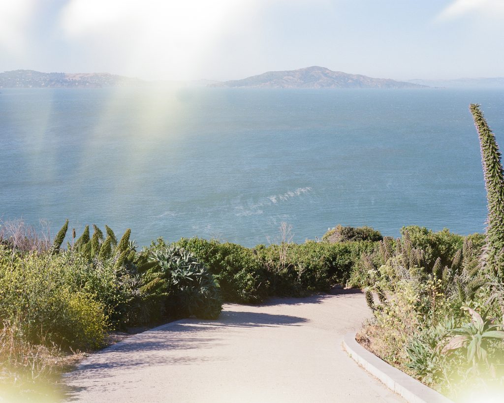 path leading toward ocean with hills in background