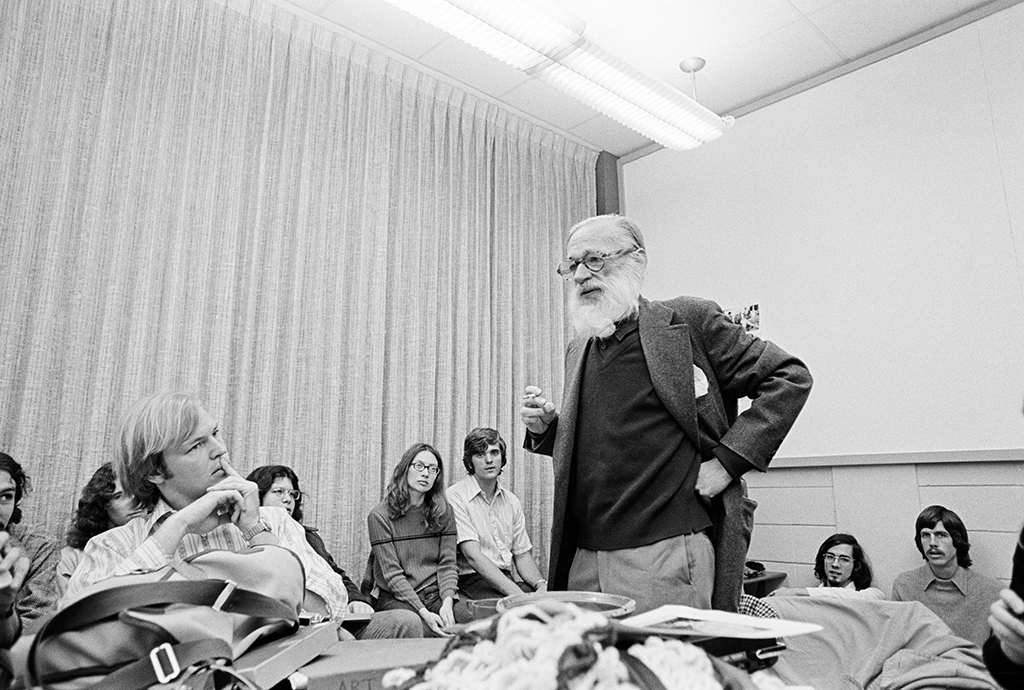Walker Evans speaking with photography students in the art department at the University of Texas at Austin, 1974.