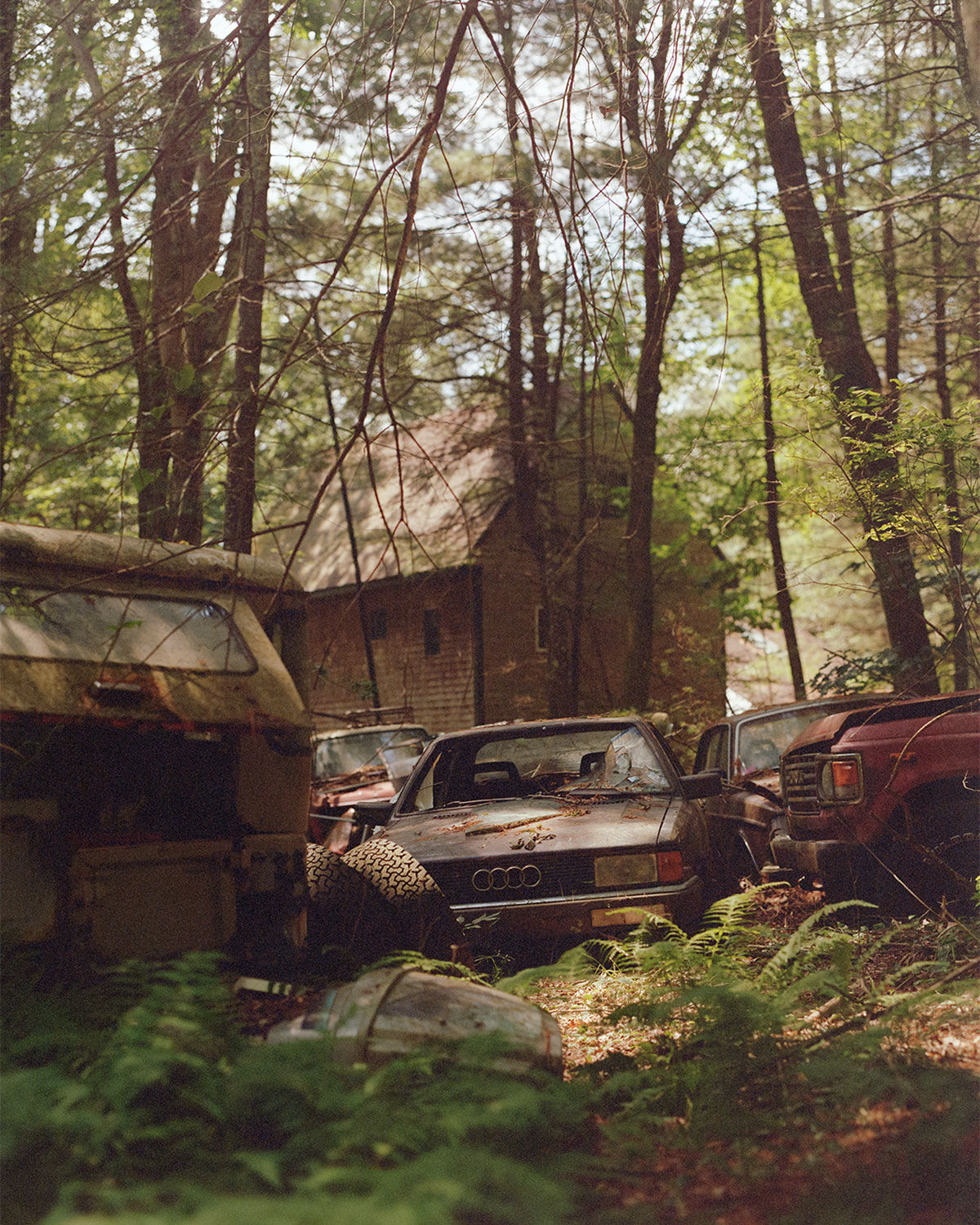 dilapidated Audi car among other dilapidated vehicles, all within a wooded area surrounding a house behind them