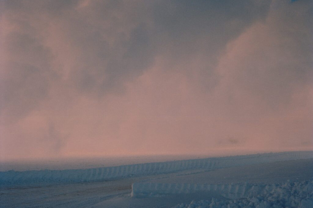 pink and blue image of what may be a beach at dawn or dusk