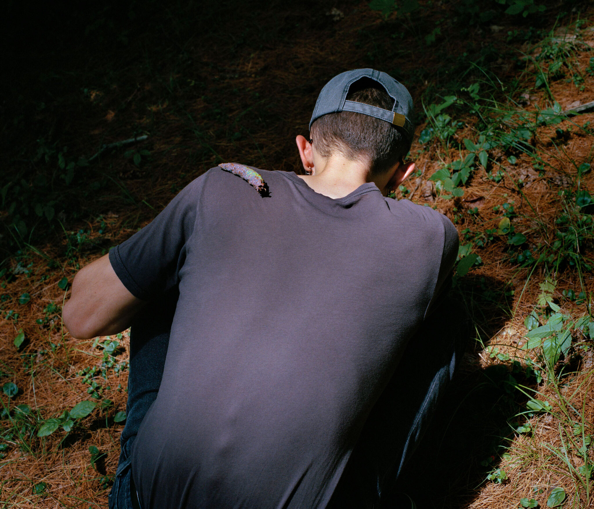 human figure with back to camera with purple and green caterpillar on shoulder