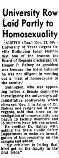 Newspaper clipping that reads "University Row Laid Partly to Homosexuality"