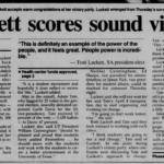 Newspaper clipping with title reads "Luckett scores sound victory" referring to Toni Luckett, a black feminist lesbian woman who became student president at UT in 1990.