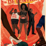 Illustrative print of three people with their fists in the air. In the foreground, two legs step on riot police gear. The title reads "End Trans Detention".