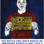 Illustration of a young person holding a sign that reads "I'm Undocuqueer".
