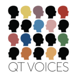 QT Voices Logo white background with 5 by 5 multicolor and black human profile icons with the words QT Voices beneath